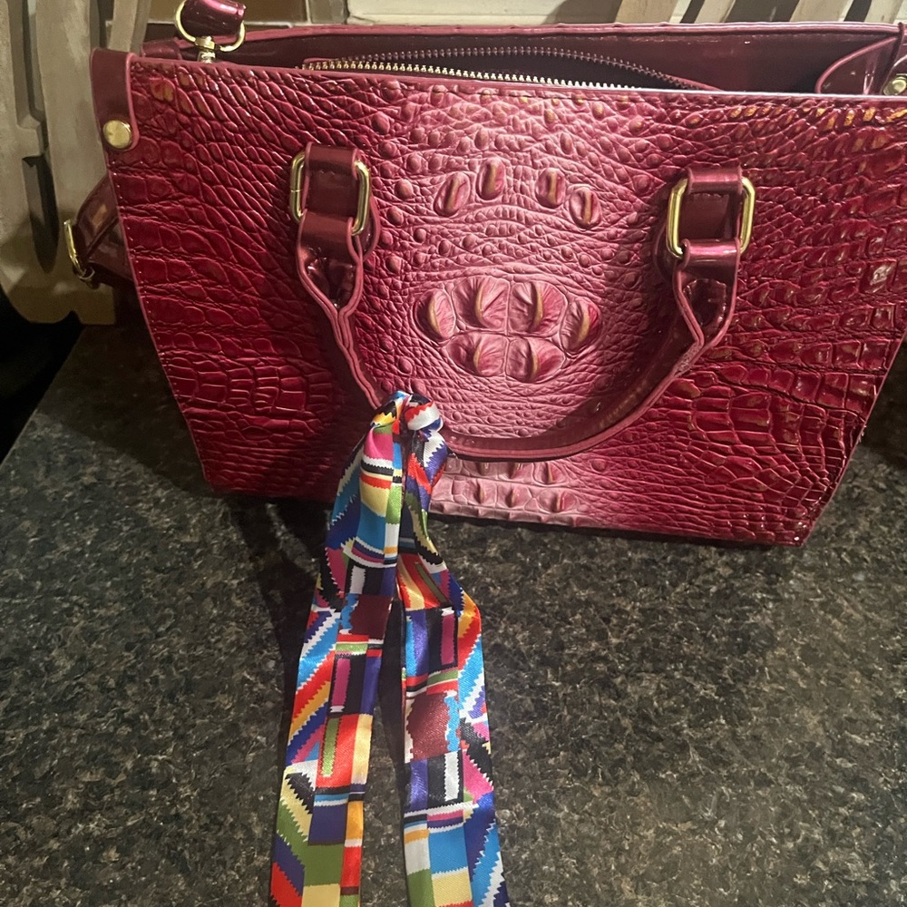 Elegant Burgundy Croc-Embossed Handbag